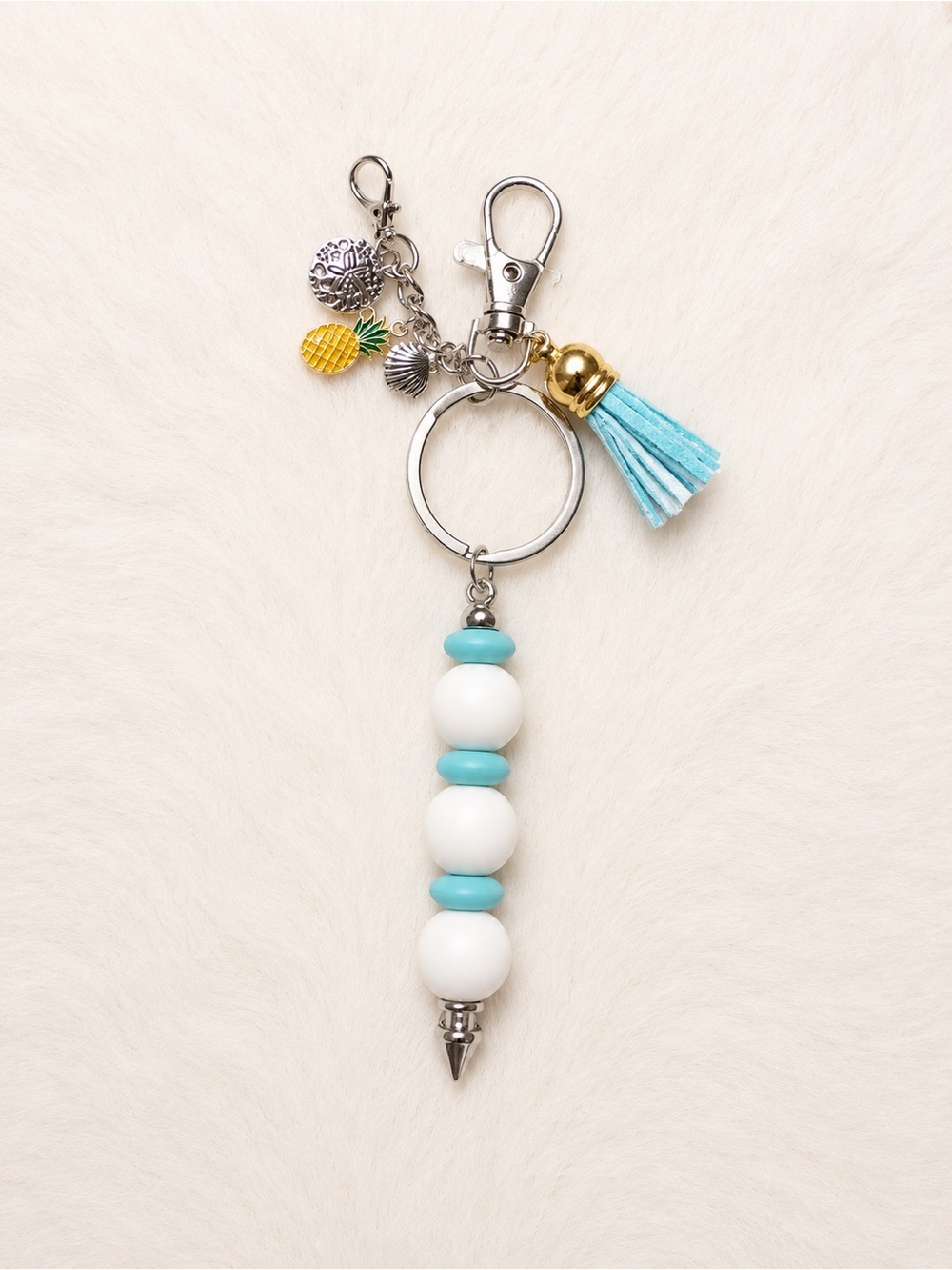 Turquoise & White Beaded Tassel Keychain